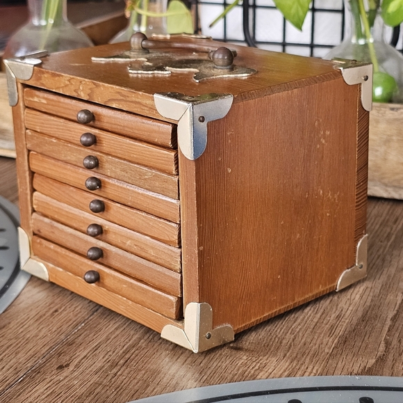 Other - MCM Wood Brass 8 Piece Coaster Storage Box Drawer Style Cork Vintage Drinks Read